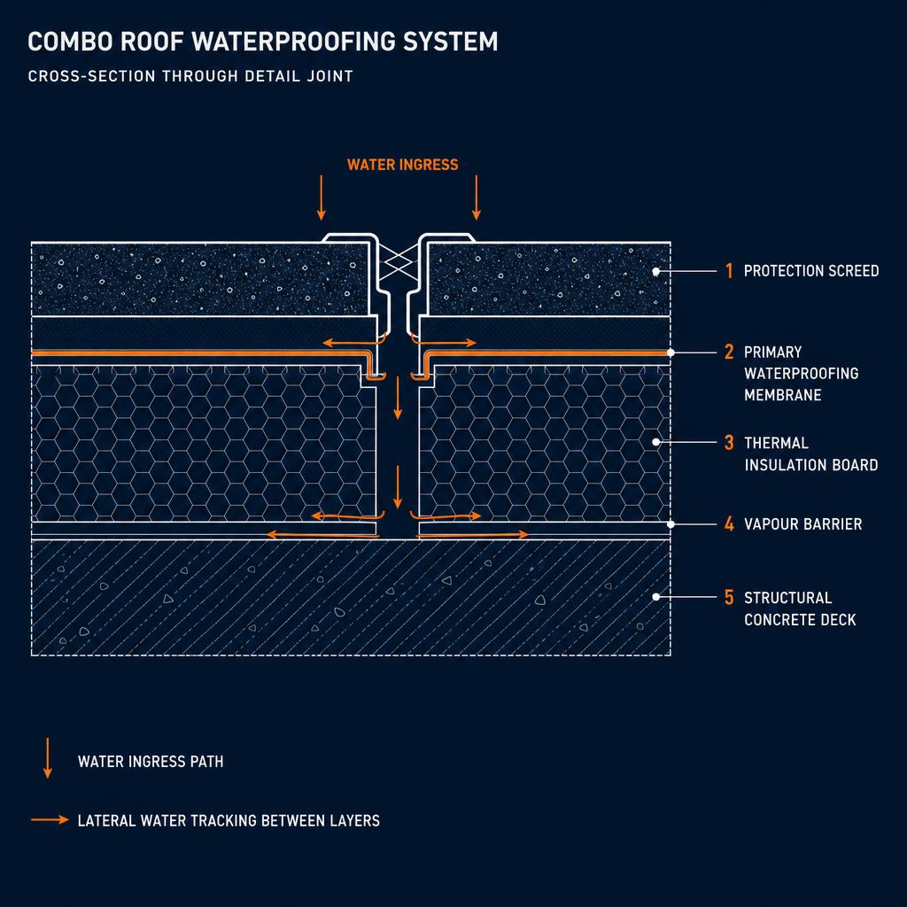 Combo roof waterproofing system cross-section showing water ingress paths and lateral tracking between layers