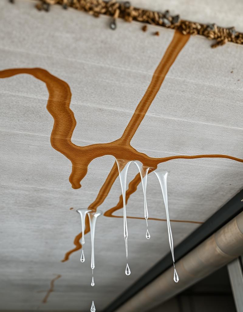 Active water leakage and salt staining on a concrete soffit