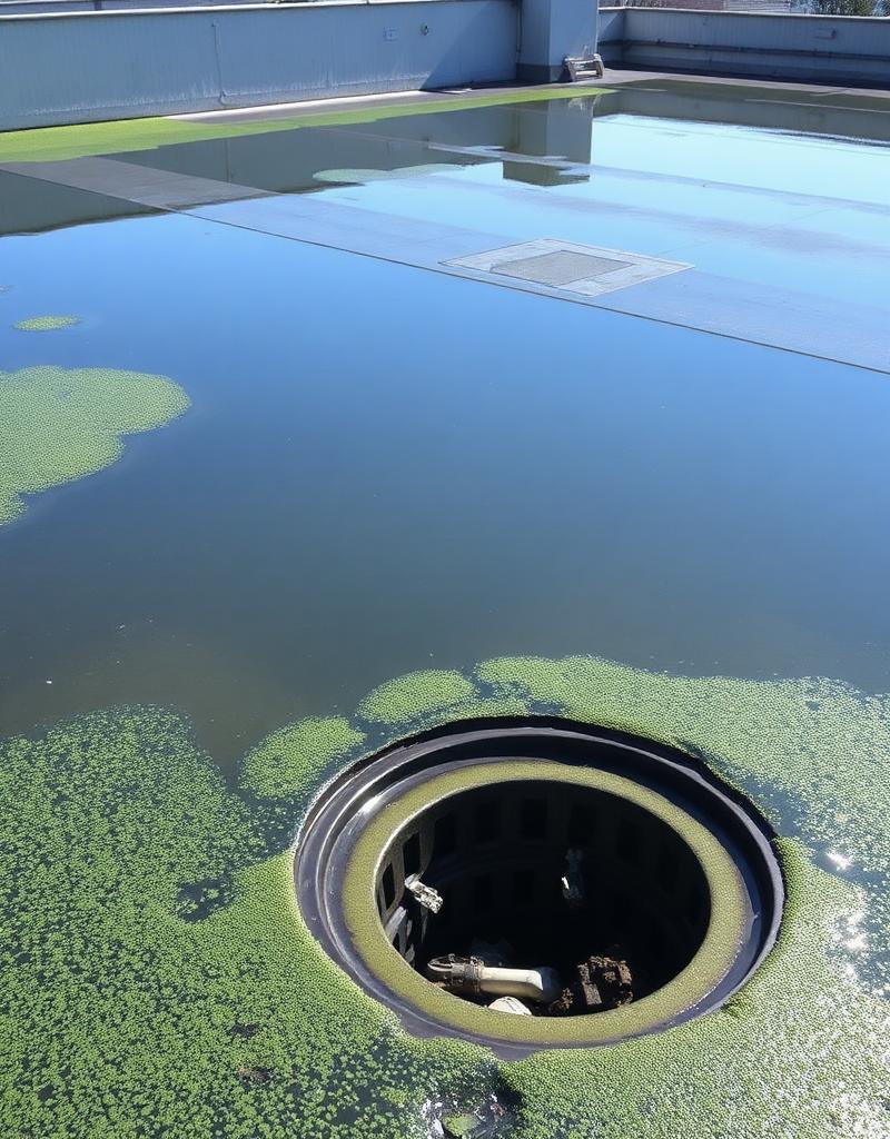 Ponding water and algae growth around a blocked roof drain