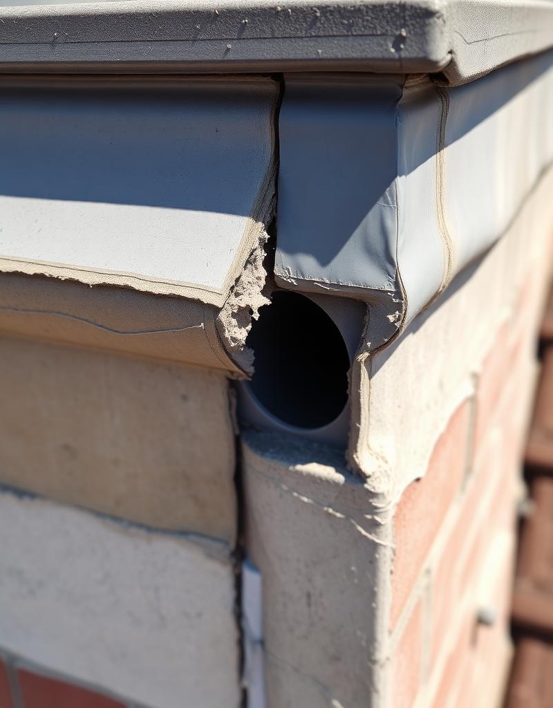 Cracking at a roof parapet upstand and pipe penetration detail