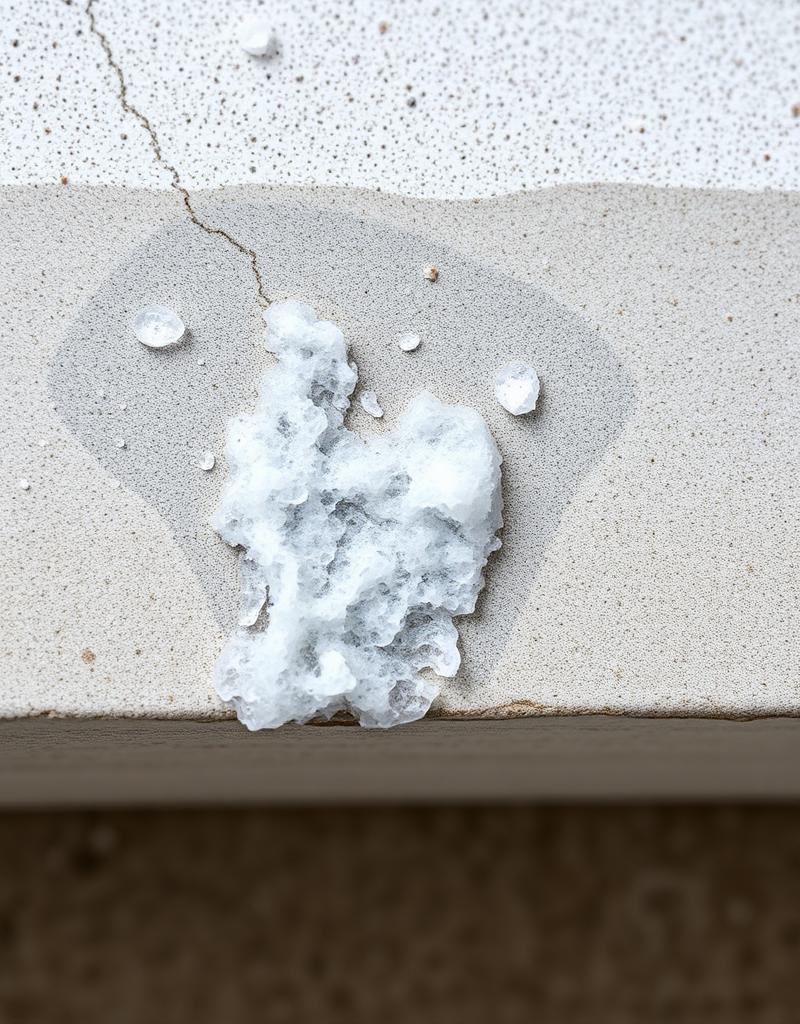 White crystalline efflorescence on a concrete soffit indicating moisture migration
