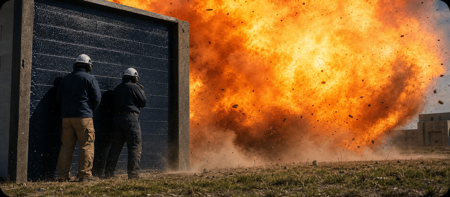Engineers behind a polyurea-coated CMU wall during a controlled blast test